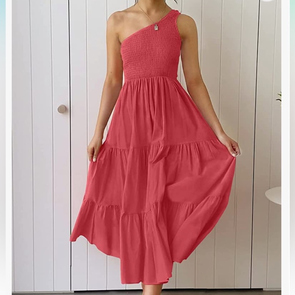 Women's 2023 Summer Boho One Shoulder Sleeveless Solid Color Peach XXL